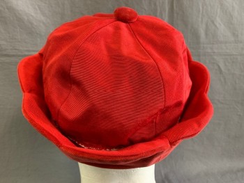 Mens, Historical Fiction Hat , MTO, Red, Cotton, 23", Velveteen Scallop Edge, 6 Faille Pieces Finish at the Top with a Button