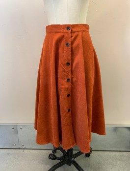 Womens, Skirt, Long, SHEIN, Burnt Orange, Polyester, Solid, 6, Button Front, Corduroy