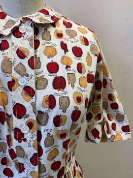 Landau, Ivory White, Red, Orange, Beige, Dk Brown, Cotton, Polyester, Print, S/S, Collar Attached, Button Front, Pleated Skirt, Fruit Print