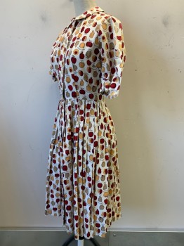 Landau, Ivory White, Red, Orange, Beige, Dk Brown, Cotton, Polyester, Print, S/S, Collar Attached, Button Front, Pleated Skirt, Fruit Print