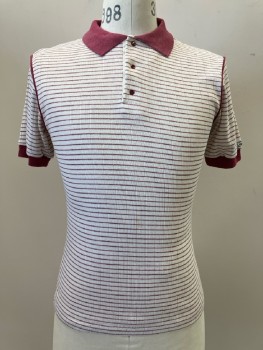 Mens, Polo Shirt, CATALINA, Lt Beige, Maroon Red, Stripes - Horizontal , Ch: 36, M, B.F., 3 Button Placket, S/S,