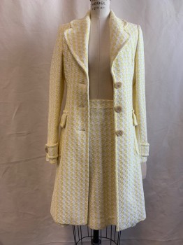 Womens, Suit, Jacket, BANANA REPUBLIC, White, Yellow, Cotton, Houndstooth, B 34, S, Notched Lapel, Collar Attached, 2 Flap Pockets, Button Tab at Cuffs, Button Tab Back Belt,