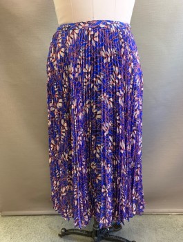 Womens, Skirt, Below Knee, KAREN MILLEN, Royal Blue, Coral Orange, Navy Blue, Off White, Polyester, Floral, Sz.8, Chemically Pleated Chiffon, 1" Wide Self Waistband, Mid Calf Length, Invisible Zipper at Side
