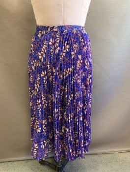 Womens, Skirt, Below Knee, KAREN MILLEN, Royal Blue, Coral Orange, Navy Blue, Off White, Polyester, Floral, Sz.8, Chemically Pleated Chiffon, 1" Wide Self Waistband, Mid Calf Length, Invisible Zipper at Side