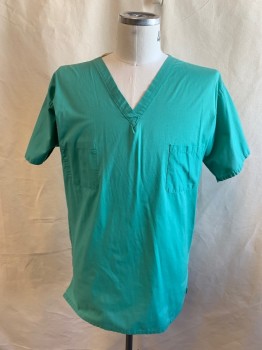 N/L, Sea Foam Green, Poly/Cotton, Solid, Short Sleeves, V-neck, 1 Pocket, *Sides Taken in and Ripped Side Seams*
