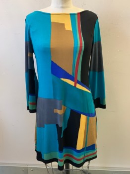Grayson, Turquoise Blue, Black, Yellow, Gray, Brown, Polyester, Spandex, Abstract , L/S, Wide Neck, Pullover,