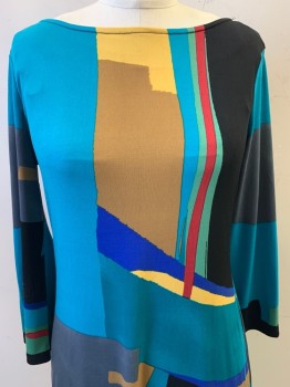 Grayson, Turquoise Blue, Black, Yellow, Gray, Brown, Polyester, Spandex, Abstract , L/S, Wide Neck, Pullover,