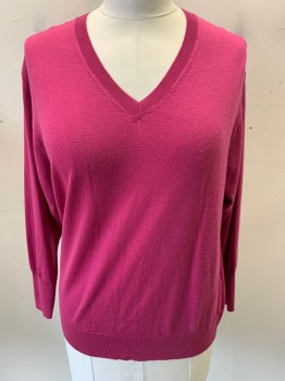 Womens, Pullover, UNIQLO, Magenta Pink, Wool, Solid, L, Knit, V-N, L/S