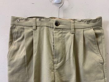 ST.JOHNS, Khaki Brown, Polyester, Cotton, Solid, Pleated Front, Side Pockets, Zip Front, Belt Loops