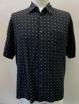 Mens, Casual Shirt, NEIMAN MARCUS, Black, Lt Olive Grn, Silk, Abstract , Xl, S/S, Button Front, 1 Pocket