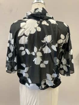 N/L, Sheer Black with White Floral, Cowl Neck, Short Kimono Sleeve, Drawstring At Waist