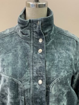 Womens, Casual Jacket, URBAN OUTFITTERS, Steel Blue, Cotton, Viscose, Solid, B32, XS, L/S, Velvet, Collar Attached, Zipper Front With Snap Buttons