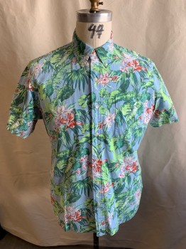Mens, Hawaiian Shirt, RALPH LAUREN, Sky Blue, Avocado Green, Red-Orange, Multi-color, Cotton, Hawaiian Print, XL, S/S, Button Front, Chest Pocket, Button Down Collar, Plastic Pearl Buttons