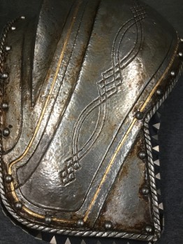 MTO, Silver, Rubber, SUIT of ARMOR: Set of Pauldrons (Shoulders): Silver Rubber Aged to Look Like Metal, Molded Frame, 2 Pieces,  Leather Trim with Silver Triangle Metal Detail,  Gold Embossed Detail, Faux Rivets, Comb, 2 Velcro Elastic Bands, 1 Buckle for Attaching to Spaulders, Foam Padding, Velvet Lining