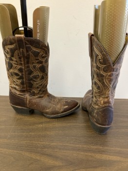 Womens, Cowboy Boots, LAREDO, 9M, Dull Dark Brown Scuffed Leather with Multi Brown Stitching