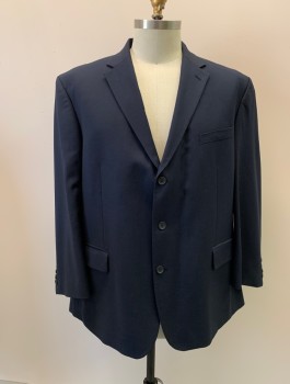 NAUTICA, Navy Blue, Wool, Solid, Single Breasted, 3 Buttons, Notched Lapel, 3 Pockets,