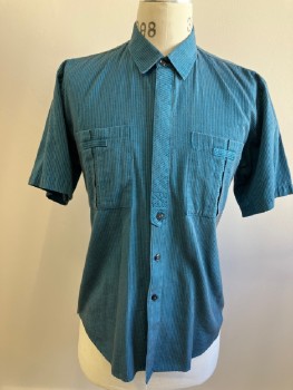 DIAMOND TREE, Turquoise Blue, Black, Cotton, Rayon, Stripes - Vertical , B.F., C.A., S/S, 2 Patch Pckt with Horizontal Stripe Detail, Top Half Of Placket Is Hidden with Bias Stripe Applique, Inverted Box Pleat CB From Yoke with Extra Tab Detail **has Been Taken In At Side Seams From Hem To Armscye