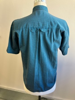 DIAMOND TREE, Turquoise Blue, Black, Cotton, Rayon, Stripes - Vertical , B.F., C.A., S/S, 2 Patch Pckt with Horizontal Stripe Detail, Top Half Of Placket Is Hidden with Bias Stripe Applique, Inverted Box Pleat CB From Yoke with Extra Tab Detail **has Been Taken In At Side Seams From Hem To Armscye