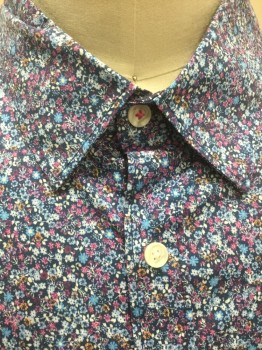SOCIETY OF THREADS, Navy Blue, Lt Blue, Purple, White, Peach Orange, Cotton, Lycra, Floral, Micro Floral Print, Long Sleeves, Collar Attached, Button Front,