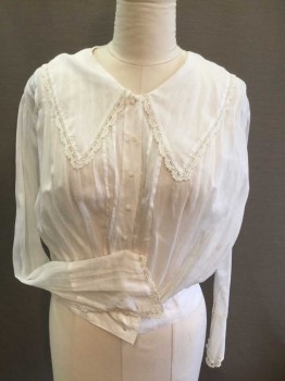 MTO, Off White, Cotton, Solid, Faux Button Front, Snaps Underneath, Oversize Collar Attached with Crochet Lace Trim, Pintucked From Shoulder, Pleated From Waistband, Waistband, Long Sleeves with Extended Cuff Trimmed with Crochet Lace,