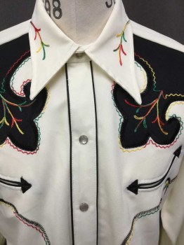 Mens, Western Shirt, H BAR C, Cream, Black, Polyester, 17 N, Gabardine, Black Yoke, Black Piping, Green/Yellow/Red /Black Embroidery, Snap Front, 2 Pockets, Long Sleeves, Collar Attached,