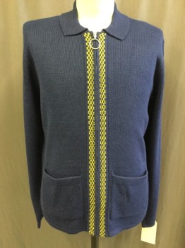 Mens, Cardigan Sweater, URBAN OUTFITTERS, Navy Blue, Gold, Acrylic, Solid, Check , M, Zip Front, Collar Attached, Gold & Navy Checker Trim Center Front, 2 Pockets,