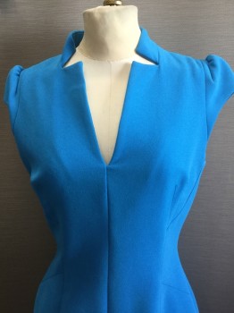KAREN MILLER, Turquoise Blue, Synthetic, Polyester, Solid, Turquoise with Cut Out V-neck with Band Collar Back, Small Cap Sleeves, Seams Detail Front & Back, Split Center Back Hem, Zip Back,