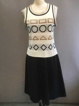 N/L, Cream, Black, Tan Brown, Synthetic, Geometric, Cream Top with Geometric Stripes, Scoop Neck, Sleeveless, Black/White/Tan Stripe Collar/Armhole, Black A-line Skirt, Ribbed Knit Attached Waistband, Zip Back