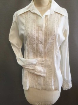 N/L, White, Cotton, Solid, Button Front, Collar Attached, Long Sleeves, Lace Inset Vertical Panels and Vertical Pintucks, Lace Panels and Pintucks Sleeves/Cuffs,
