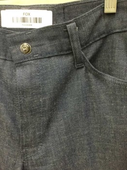 Mens, Jeans, M, Denim Blue, Cotton, Polyester, Solid, In 34+, W28-30, Denim Slacks, Flat Front, Zip Fly, 4 Pockets, Flared Leg, Metal Snap Closure At Center Front Waist with "M" and Male Symbol,