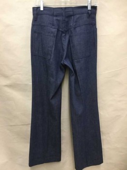Mens, Jeans, M, Denim Blue, Cotton, Polyester, Solid, In 34+, W28-30, Denim Slacks, Flat Front, Zip Fly, 4 Pockets, Flared Leg, Metal Snap Closure At Center Front Waist with "M" and Male Symbol,