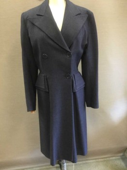 MORTNER, Dk Blue, Blue, Wool, Birds Eye Weave, Solid, Long Sleeves, Peaked Lapel, Double Breasted, Mid Calf Length, 2 Hip Pockets with Decorative 2 Layer Pocket Flaps, Self Belt Panel At Center Back Waist, Pleated Vent Detail At Center Back Hem,