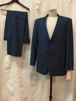 Mens, Suit, Jacket, TOMMY HILFGER, Slate Blue, Wool, Synthetic, Solid, 42 L, Slate Blue, Notched Lapel, 2 Buttons,  3 Pockets,