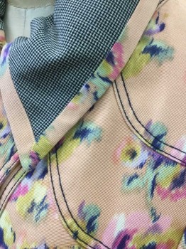 Z SPOKE, Peach Orange, Bubble Gum Pink, Purple, Midnight Blue, Yellow, Cotton, Silk, Floral, Check , Peach Background with Pastel Floral Faille, Button Front, Black and White Microcheck Collar Attached, Navy Topstitching, Curved Seams at Shoulders, Champagne Silk Lining, **2 Pieces - with Self Fabric Sash Belt