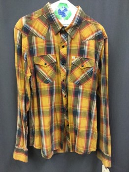 Mens, Western, SALT, Mustard Yellow, Black, White, Red, Cotton, Plaid, L, Mustard/ Black/ White/ Red Plaid, Button Front, Collar Attached, Long Sleeves, 2 Pockets,