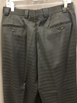 Mens, Suit, Pants, EXTREMA, Black, Wool, Solid, Stripes - Shadow, 31i, 32w, Double Pleats, Belt Loops, 4 Pockets, Button Tab, Full Legs, Broken Self Stripe, 1980's 1990's Flashy