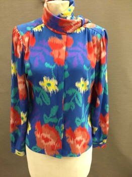 SOPHISTICATES, Blue, Coral Orange, Yellow, Aqua Blue, Red, Polyester, Floral, Abstract , Long Sleeve Button Front, Shoulder Pads, Stand Collar W/Self Wrapped Closure/Loop, Covered Button Placket,