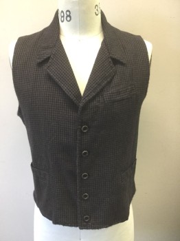 Mens, Historical Fiction Vest, N/L MTO, Brown, Black, Wool, Check , 40, Notched Lapel, 5 Buttons, 3 Welt Pockets, Black Cotton Lining and Back, Belted Back, Made To Order Victorian Reproduction