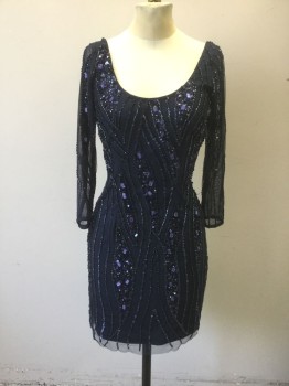 AIDAN MATTOX, Navy Blue, Polyester, Abstract , Navy Sheer Net, with Navy Sequins and Beading in Abstract Curved Lines Pattern, 3/4 Sleeves, Scoop Neck, Hem Above Knee