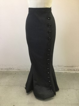 N/L, Black, Lt Gray, Wool, Acetate, Stripes, High Waisted Hobble Skirt with Side Front Button Closure. Kick Flare at Hemline,