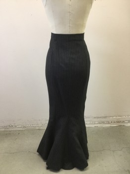 N/L, Black, Lt Gray, Wool, Acetate, Stripes, High Waisted Hobble Skirt with Side Front Button Closure. Kick Flare at Hemline,