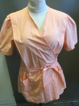 Unisex, Smock/Wrap, ANGELICA, Peach Orange, Cotton, Solid, 38-40, Cross Over Wrap Top, V-neck, Short Sleeves, Knife Pleat Detail