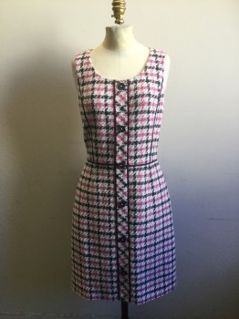 Womens, Dress, Sleeveless, BROOKS BROTHERS, White, Lt Gray, Pink, Navy Blue, Poly/Cotton, Synthetic, Plaid, 6, Check Plaid Tweed. Scoop Neck with Faux Button Closure at Center Front, with Navy GrosGrain Trim, Invisible Zipper Center Back,