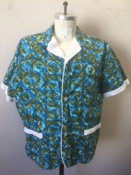 Mens, 1960s Vintage, P1, CAMPUS, Turquoise Blue, Blue, Mustard Yellow, White, Cotton, Geometric, M, Pool/Lounge Shirt, Shades of Blue/Yellow Geometric Outer, White Solid Terrycloth Lining and Trim, Short Sleeve Button Front, 2 Patch Pockets,