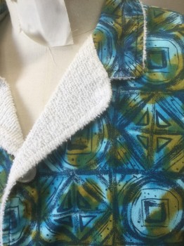 Mens, 1960s Vintage, P1, CAMPUS, Turquoise Blue, Blue, Mustard Yellow, White, Cotton, Geometric, M, Pool/Lounge Shirt, Shades of Blue/Yellow Geometric Outer, White Solid Terrycloth Lining and Trim, Short Sleeve Button Front, 2 Patch Pockets,