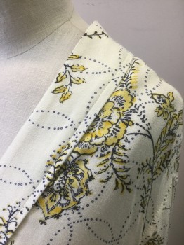Womens, Casual Jacket, HINGE, Cream, Black, Yellow, Viscose, Floral, S, Cream with Black Floral Illustration Pattern Filled with Yellow on Flowers, Looped Dotted Lines, Lightweight Crepe, Long Sleeves, Open at Center Front with No Closures, 2 Patch Pockets at Hips, Below Hip Length