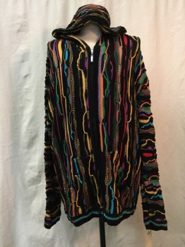 Mens, Cardigan Sweater, COOGI, Black, Multi-color, Cotton, Novelty Pattern, 5 XL, Black, Red/ Yellow/ Green/ Blue Purple Novelty Print, Zip Front, Hood