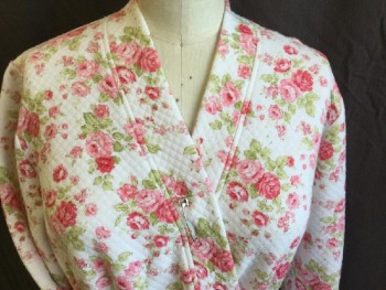CAROLE  HOCHMAN, Off White, Red, Pink, Lt Green, Cotton, Floral, Diamond Quilt, Self 2" Trim Open Front, Long Sleeves with White Lace, 2 Pockets, with Self Matching 1.5" Self Belt