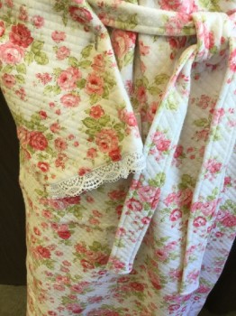 CAROLE  HOCHMAN, Off White, Red, Pink, Lt Green, Cotton, Floral, Diamond Quilt, Self 2" Trim Open Front, Long Sleeves with White Lace, 2 Pockets, with Self Matching 1.5" Self Belt