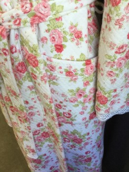 Womens, SPA Robe, CAROLE  HOCHMAN, Off White, Red, Pink, Lt Green, Cotton, Floral, S, Diamond Quilt, Self 2" Trim Open Front, Long Sleeves with White Lace, 2 Pockets, with Self Matching 1.5" Self Belt